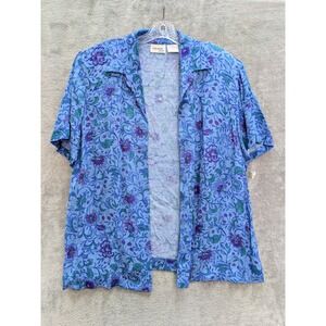 Vintage Open Front Blouse Women 16W Blue Paisley Short Sleeve